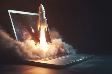 Fototapeta premium Creative concept of a rocket launching from a laptop with vibrant colors and dynamic smoke effects : Generative AI