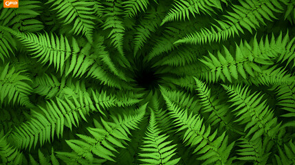 Lush green ferns spiraling into a dark center, creating a natural vortex effect.