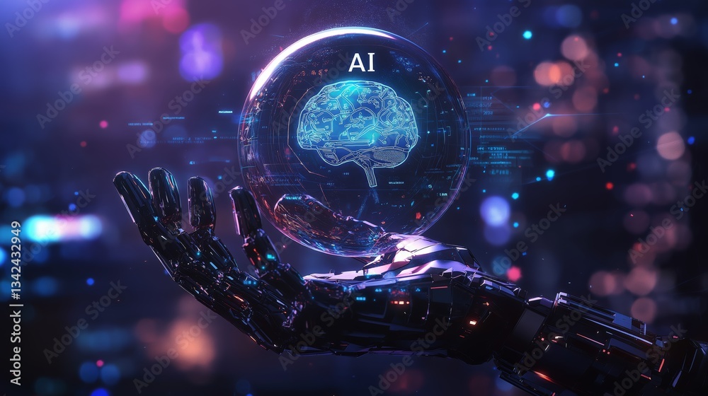 Poster Futuristic robotic hand holding a glowing AI sphere with digital neural connections, symbolizing artificial intelligence, technology advancement, and cyber innovation, Generative AI