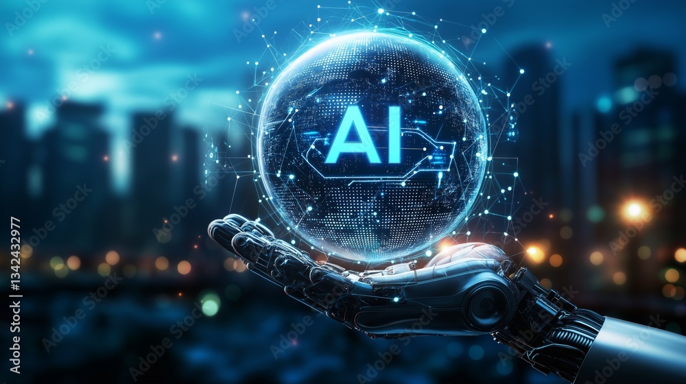 Poster futuristic robotic hand holding a glowing ai sphere with digital neural connections, symbolizing art