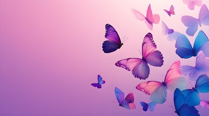 Colorful butterflies fluttering in a gentle breeze against a soft pastel background in a serene setting