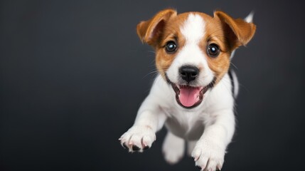 A playful puppy jumps with joy, showcasing its surprised expression and boundless energy against a sleek black backdrop.