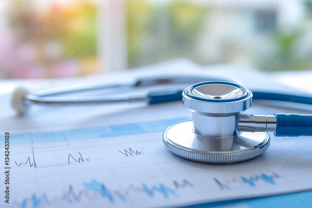 Poster stethoscope and medical graph papers lying on a desk in a bright clinical environment symbolizing he
