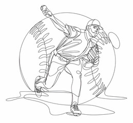 A pencil sketch of a continuous line outline of a pitcher who throws the ball in a baseball game. The background contains a white baseball, showing the dynamic pitching motion of the pitcher.