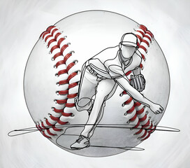 A pencil sketch of a continuous line outline of a pitcher who throws the ball in a baseball game. The background contains a white baseball, showing the dynamic pitching motion of the pitcher.