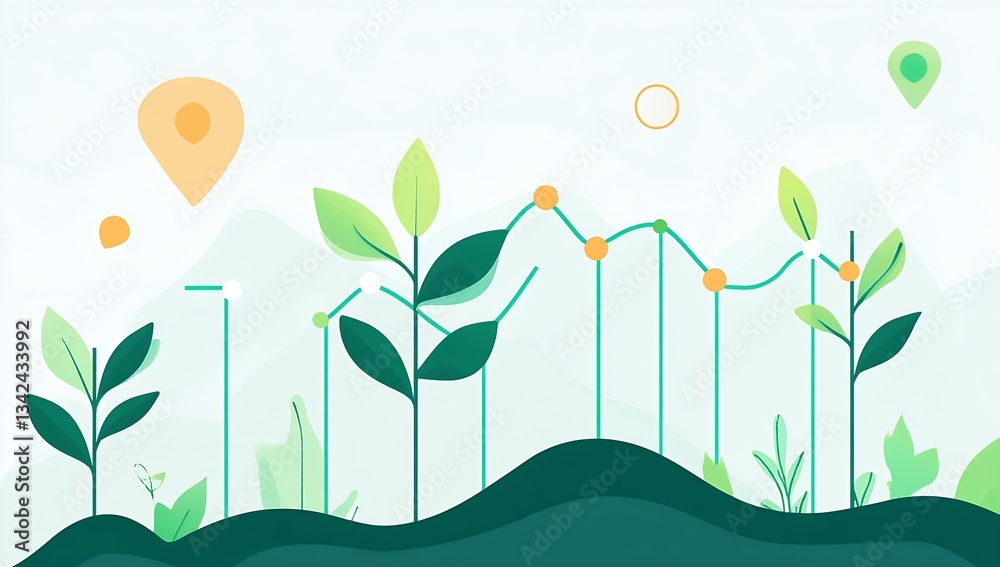 Aufkleber Creative Representation of Plants Growing with Data Points and Location Markers Indicative of Progress : Generative AI