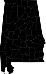 A black and white outline map of Alabama displaying all county divisions with clear boundary lines.