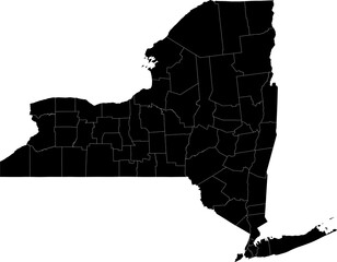 A black and white outline map of New York highlighting county divisions and borders.