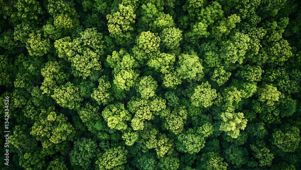 Poster Dense green tree tops viewed from above highlighting the intricate patterns of forest life in summer : Generative AI