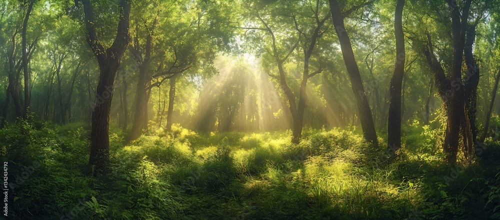 Poster Dappled Sunlight Illuminating a Lush Forest Clearing Surrounded by Abundant Greenery : Generative AI