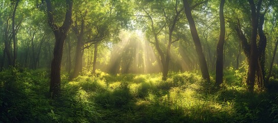 Obraz premium Dappled Sunlight Illuminating a Lush Forest Clearing Surrounded by Abundant Greenery : Generative AI