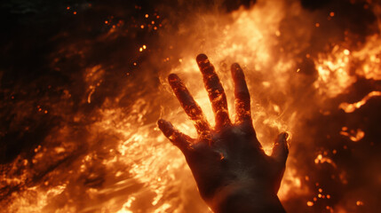 A close-up of a person's hand reaching towards a massive blaze, firelight reflecting off the skin, embers floating in the air