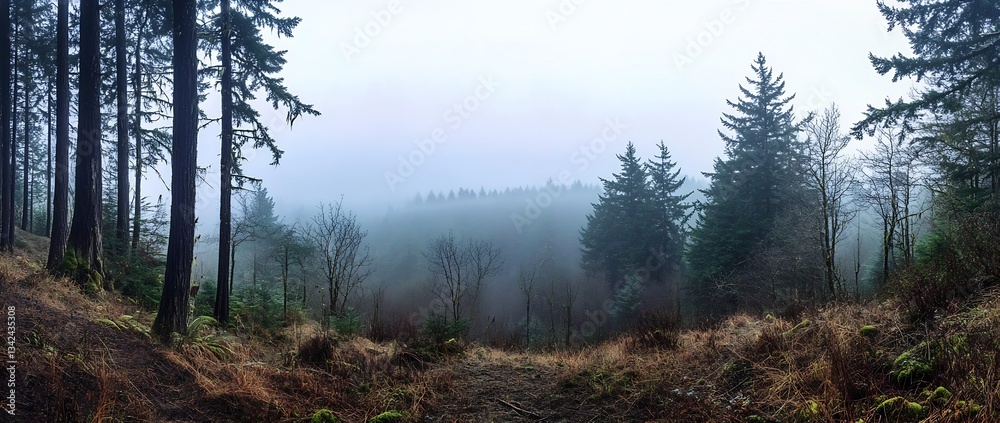 Aufkleber Lush forest view enveloped in soft fog creating an enchanting nature scene with vibrant greenery : Generative AI