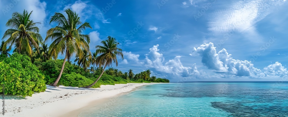 Aufkleber gorgeous beach view featuring bright palm trees and clear blue water under a partly cloudy sky : gen