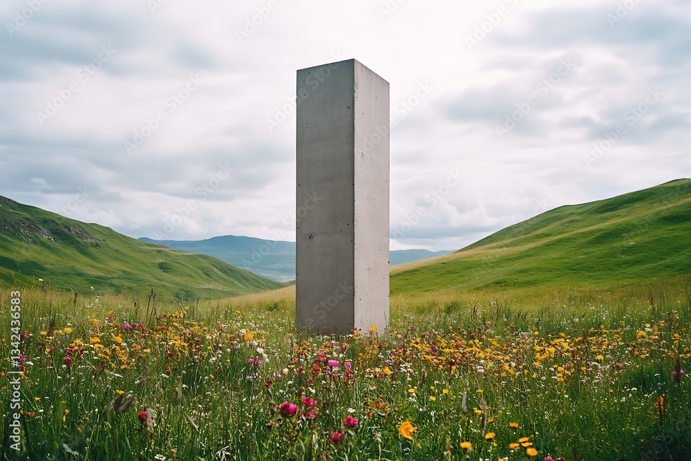 Poster serene landscape with vertical concrete structure surrounded by colorful wildflowers in a lush green
