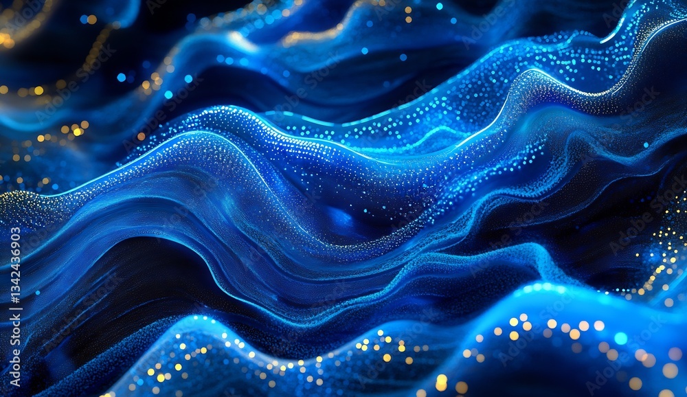 Poster breathtaking digital waves flowing smoothly in blue tones sprinkled with bright particles for a dram