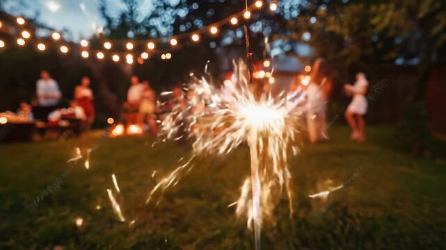 A captivating sparkler lights up a cheerful outdoor party enhanced by beautiful string lights during dusk