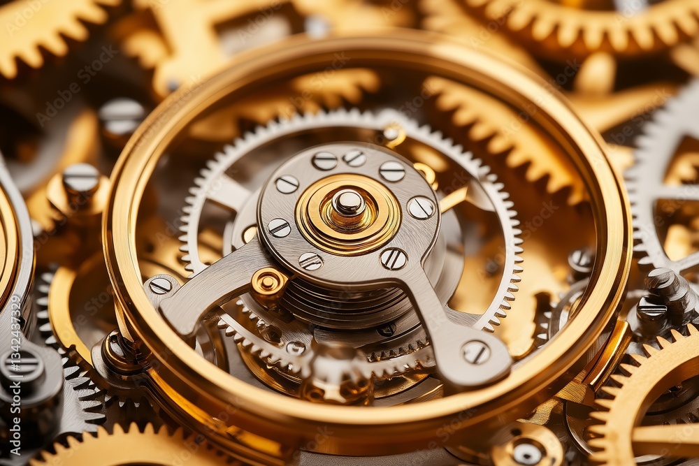 Poster close-up of an intricate watch mechanism featuring spiral balance spring, gears, and metallic precis