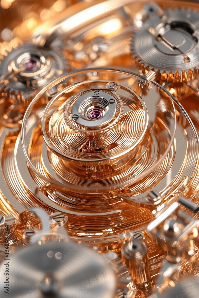 Poster close-up of an intricate watch mechanism featuring spiral balance spring, gears, and metallic precis