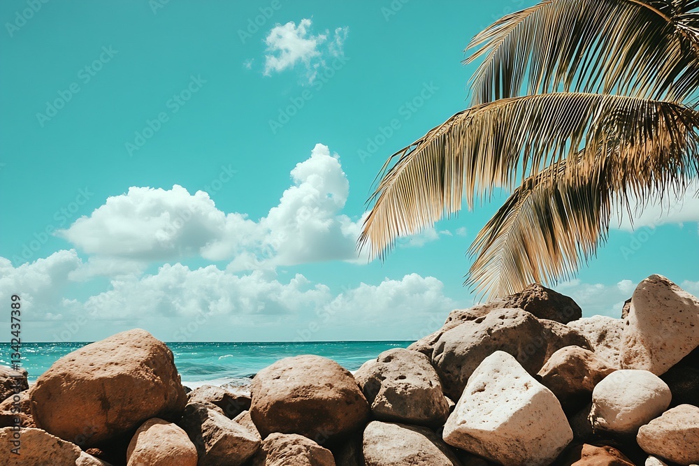 Poster scenic coastal view with palm trees and rocky formation against turquoise ocean waves : generative a