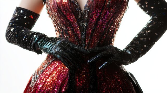 A detailed shot of a glamorous sequined gown and gloves - Powered by Adobe