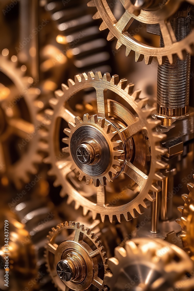 Poster Intricate brass gears in close-up showcasing precision engineering, mechanical movement, and synchronization in industrial machinery for automation and efficiency, Generative AI