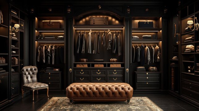 Luxurious dark wood walk-in closet with leather ottoman, suits, and accessories.