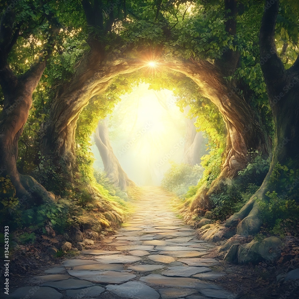 Poster Enchanting forest path framed by ancient trees illuminated by golden sunlight : Generative AI