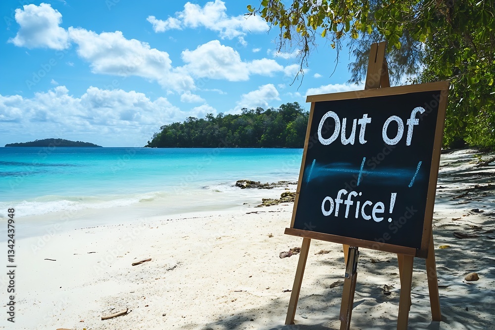 Aufkleber serene beach backdrop with an out of office chalkboard sign highlighting vacation time : generative 