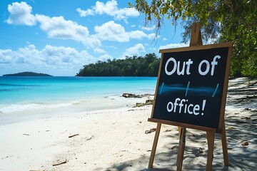 Serene beach backdrop with an Out of Office chalkboard sign highlighting vacation time : Generative AI