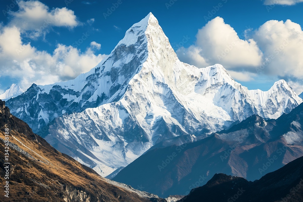 Poster dramatic view of rugged mountain landscape with snow and clouds : generative ai