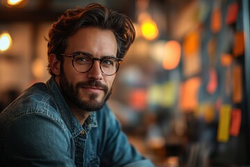 Fototapeta premium Business Man Engaged in Brainstorming Ideas in a Creative Workspace Filled With Notes and Concepts