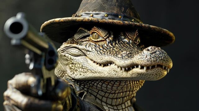 An alligator wearing a hat, wielding a gun with a fierce and daring stance, Ai Generated.