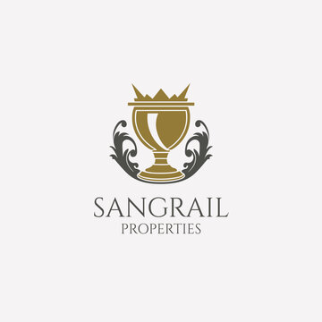 SANGRAIL PROPERTIES Luxury Real Estate Logo &ndash; Golden Chalice & Crown Emblem, Regal Prestige Branding &ndash; Editable Vector