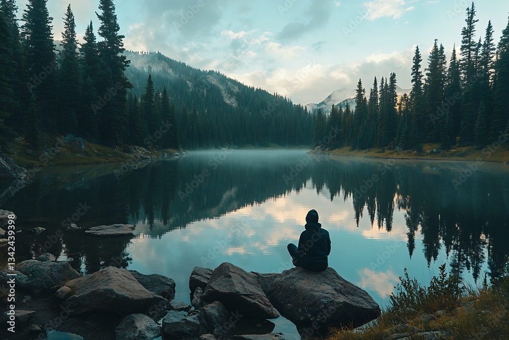 Poster breathtaking alpine lake view at dawn with a person sitting on the rocks near tranquil waters reflec
