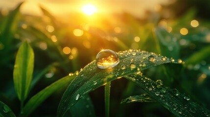 Sunrise Dewdrop on Lush Green Grass Blades