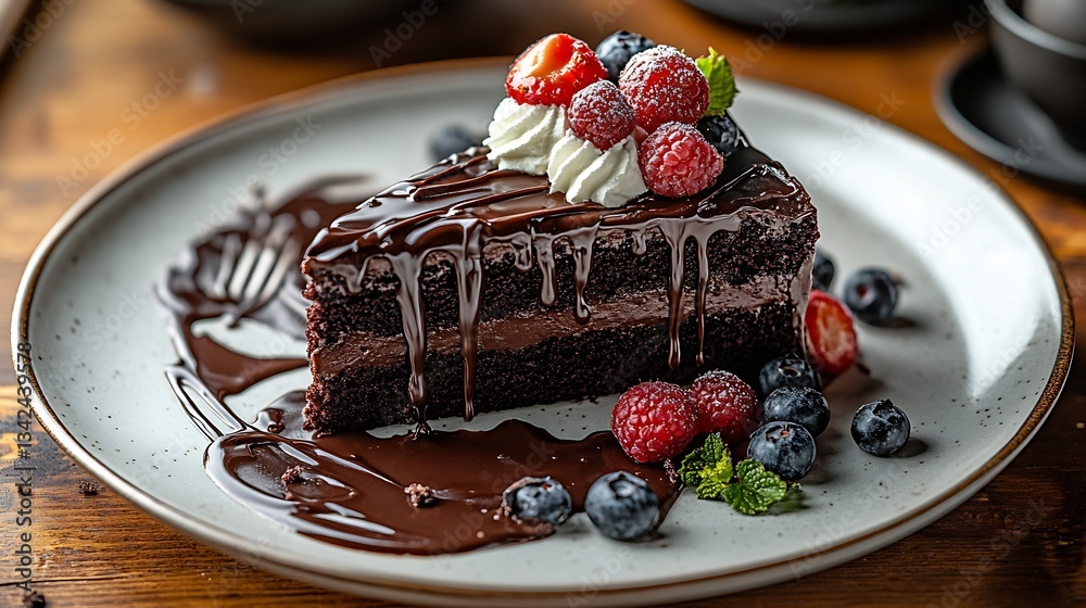Aufkleber Irresistible chocolate cake piece with berry toppings and luscious chocolate sauce on a rustic plate : Generative AI