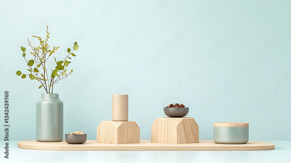 Poster minimalist wooden display with a vase and containers, featuring nature-inspired elements