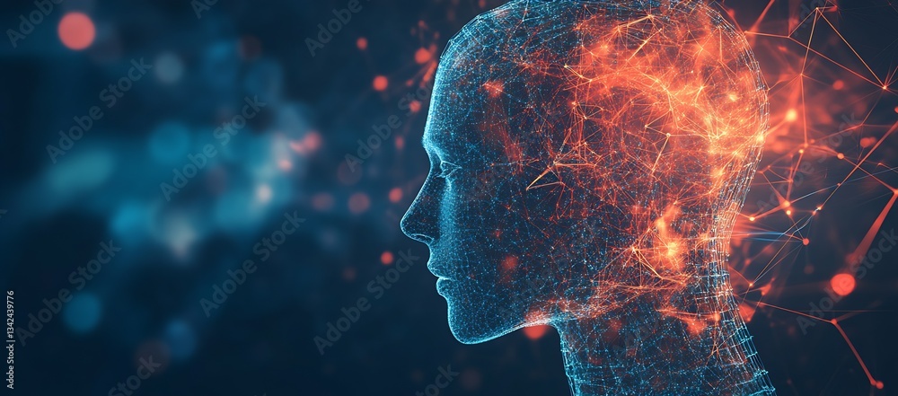 Poster Stunning Profile of a Digital Human Face Highlighted by Connecting Nodes and Flowing Energy Patterns : Generative AI