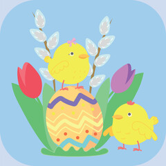 Easter chicks, Happy Easter, Easter egg, spring holiday graphic illustration, cute decor, graphic design greeting card, flyer, spring flowers