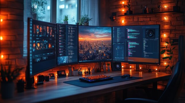 Ultimate Gamer Setup: Triple Monitor Workstation with Cityscape Wallpaper