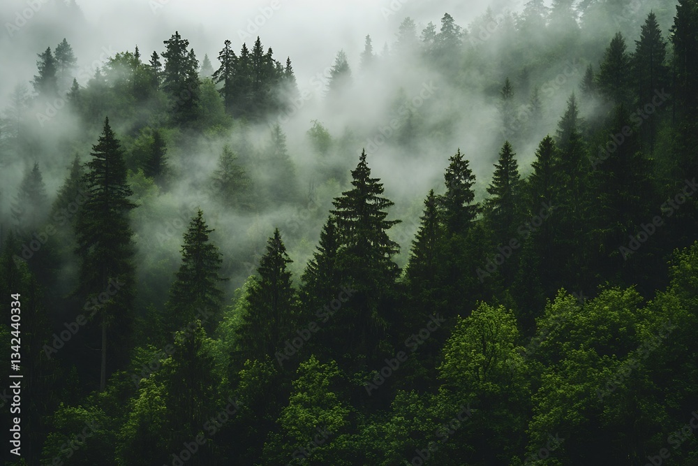 Poster Enigmatic Forest Scene with Layers of Green Foliage and Ethereal Mist Coverage : Generative AI