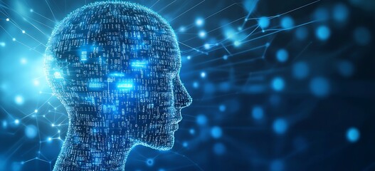 Illuminated human head silhouette combined with data streams and binary code showing advanced AI features : Generative AI