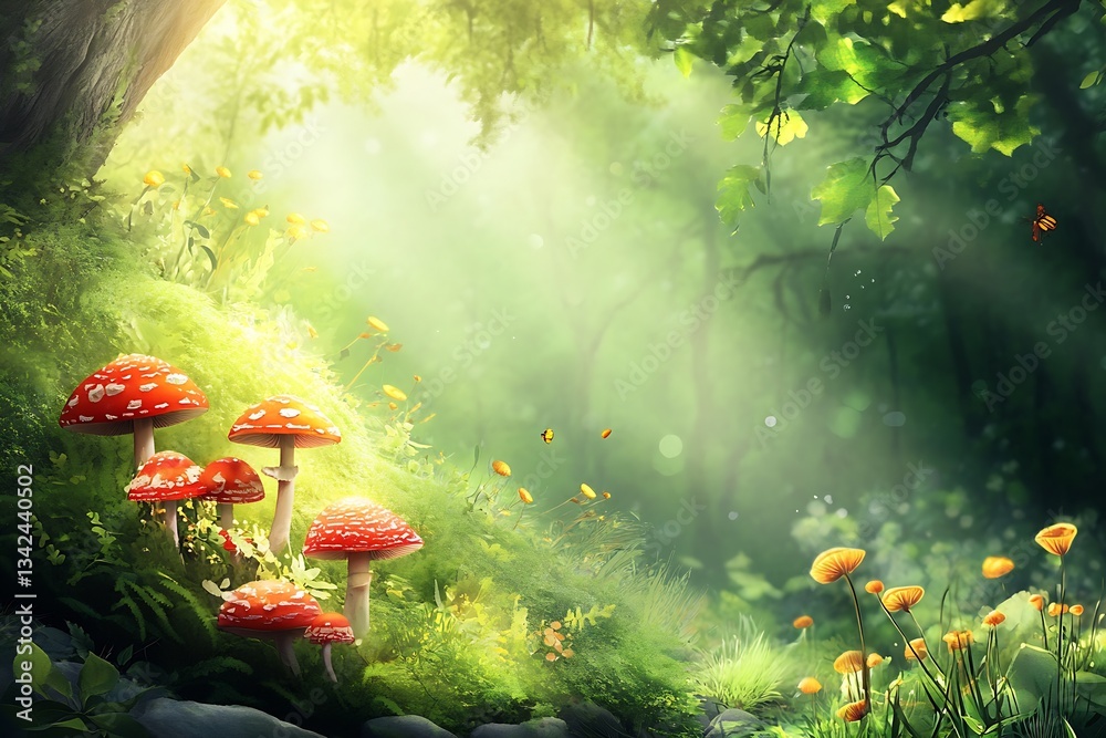 Poster charming forest with bright red mushrooms surrounded by flowers and sunlight filtering through trees
