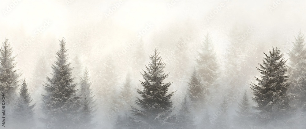 Aufkleber Winter forest scene with frosted trees enveloped in a mystical fog creating a serene environment : Generative AI