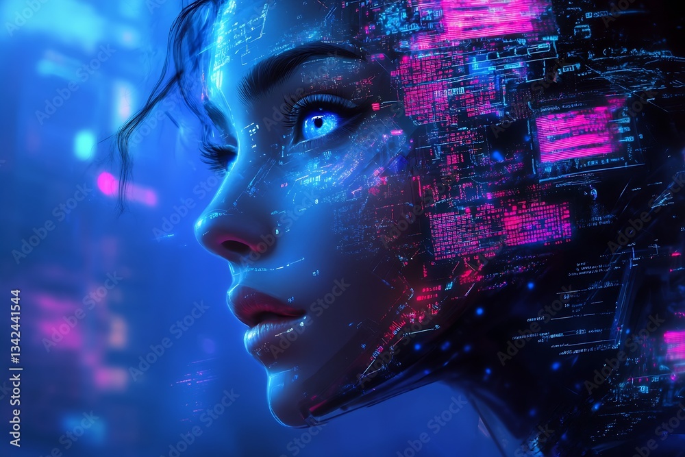 Aufkleber Intriguing Cyborg Woman with Blue Glowing Eyes and Digital Circuit Patterns : Generative AI