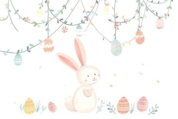 Cute Easter Bunny Standing Under Hanging Easter Eggs Garland on White Background