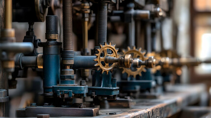 Fototapeta premium Close-up of antique industrial machinery with gears and levers.