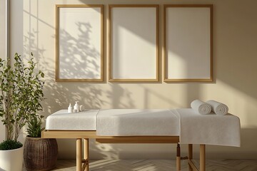 Fototapeta premium Serene spa day: a minimalist massage table awaits, bathed in warm sunlight streaming through a large window, three blank frames on the wall add to the peaceful ambiance.