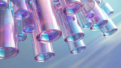 A close-up, high-detail rendering of transparent, iridescent 3D glass cylinders falling from top to bottom. The cylinders reflect soft hues of pink, blue, and purple, interacting beautifully with ligh